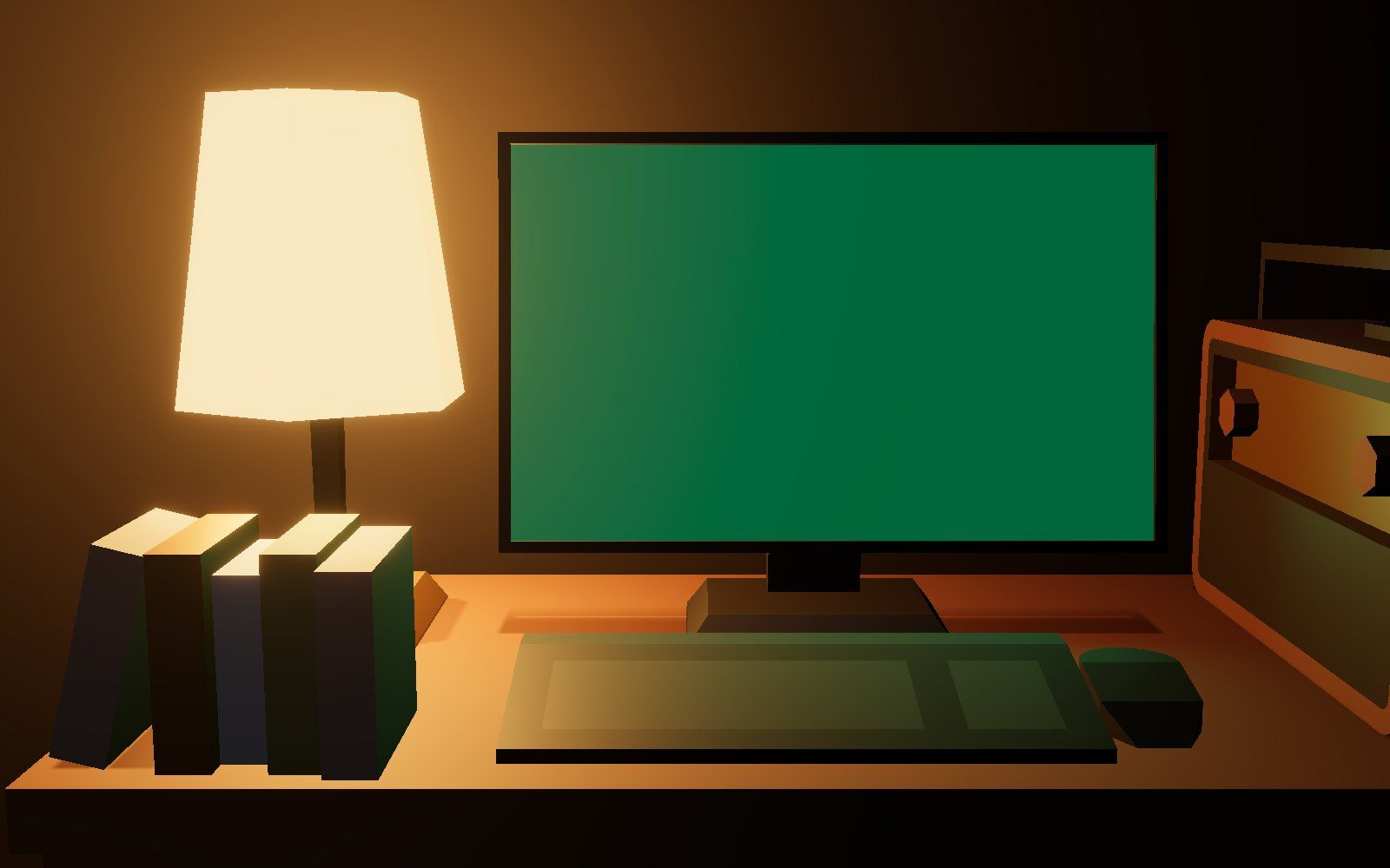 Un escritorio de madera de noche con un monitor que muestra una terminal